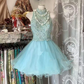 Light blue halter neck sleeveless fitted waist short ball gown R7445