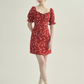 Red Floral Print Mini Dress Women With Puff Sleeves And Square Neck R9483