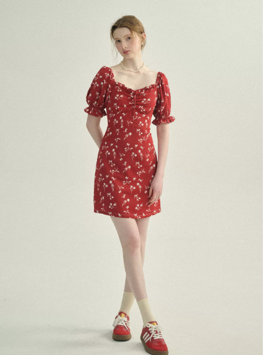 Red Floral Print Mini Dress Women With Puff Sleeves And Square Neck R9483