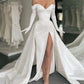 A-Line Evening Gown Elegant Dress Formal Court Train Long Sleeve Off Shoulder Satin with Buttons Pleats Slit dress     S7018