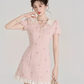 Feminine Pink Tweed Dress with Peter Pan Collar, Girly Puff Sleeve Embroidered Mini Dress for Women R9327