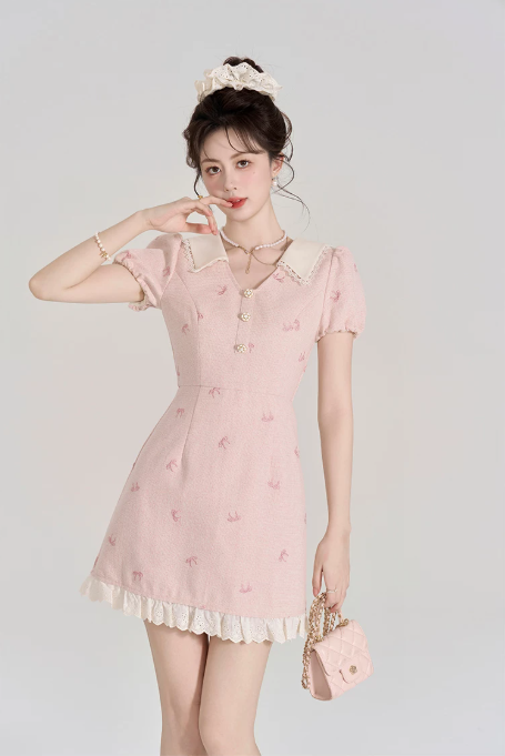 Feminine Pink Tweed Dress with Peter Pan Collar, Girly Puff Sleeve Embroidered Mini Dress for Women R9327