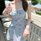 Gingham Floral Print A-Line Dress with Ruffle Shoulders and Lace Neckline R9226
