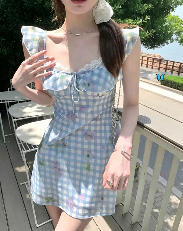Gingham Floral Print A-Line Dress with Ruffle Shoulders and Lace Neckline R9226
