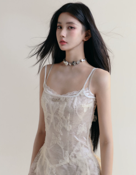 White Lace Butterfly Print Cami Dress Women With Corset Style Bodice R9446
