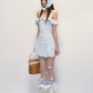 Blue Gingham Off-Shoulder Mini Dress with Ruffled Neckline, Smocked Back, Bubble Hem R9253