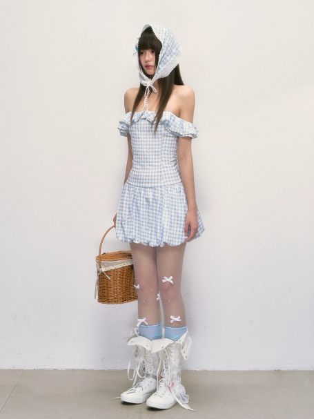 Blue Gingham Off-Shoulder Mini Dress with Ruffled Neckline, Smocked Back, Bubble Hem R9253