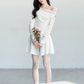 White Off The Shoulder Long Sleeve Mini Dress Women With Lace Trim And Button Detail R9422