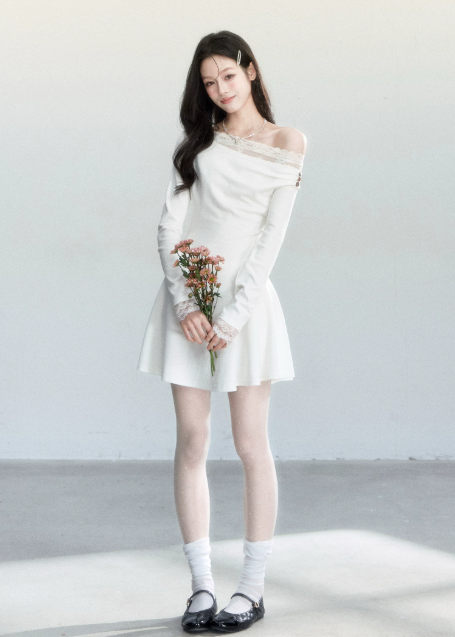 White Off The Shoulder Long Sleeve Mini Dress Women With Lace Trim And Button Detail R9422