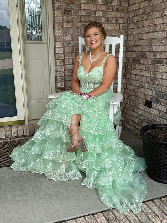 A Line Sweetheart Neck Layered Mint Green Lace Long Prom Dresses with High Slit, Mint Green Lace Formal Graduation Evening Dresses     S7200