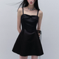 Black Satin Spaghetti Strap Mini Dress With Bow Detail And Flared Skirt R9436