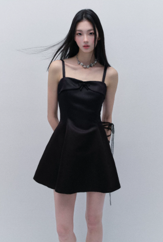 Black Satin Spaghetti Strap Mini Dress With Bow Detail And Flared Skirt R9436