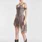 Khaki Halter Mesh Dress Women With Asymmetrical Hem And Matching Arm Sleeves R9388
