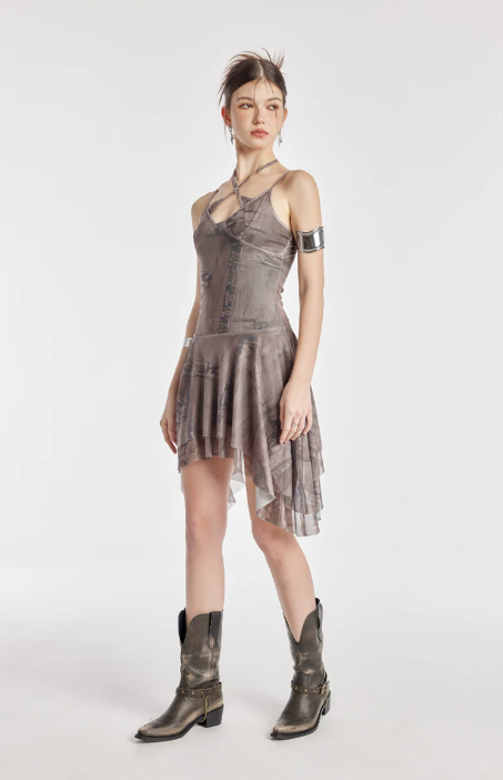 Khaki Halter Mesh Dress Women With Asymmetrical Hem And Matching Arm Sleeves R9388