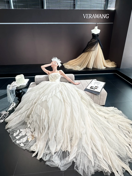 White retro tube top waist puffy skirt long dress bridal dress R6048