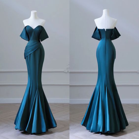 Simple Off Shoulder Satin Ink Blue Long Prom Dress, Ink Blue Long Formal Dress      S5355