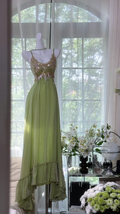 Gray-green halter-neck high-waisted long elegant ball gown R7641