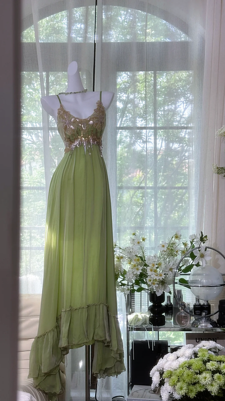 Gray-green halter-neck high-waisted long elegant ball gown R7641