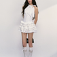 White Halter Neck Tiered Mini Dress with Bow Neckline, Button Front, Smocked Back and Ruffled Skirt R9250