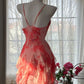 Pink floral halter dress with waist and irregular hem, prom dress R5417