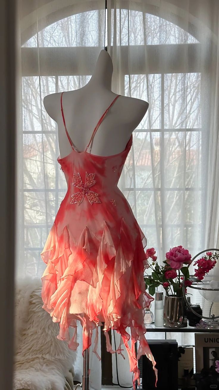 Pink floral halter dress with waist and irregular hem, prom dress R5417