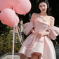 Pink Strapless One Shoulder Satin Waist Puffy Skirt Homecoming Dress R4184