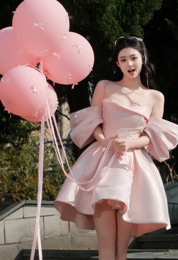 Pink Strapless One Shoulder Satin Waist Puffy Skirt Homecoming Dress R4184