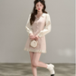 Vintage Pink Tweed A-Line Dress, Women's Long Sleeve Floral Embroidered Mini Dress R9329