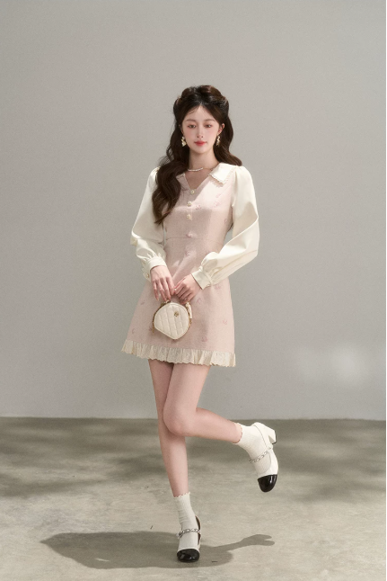 Vintage Pink Tweed A-Line Dress, Women's Long Sleeve Floral Embroidered Mini Dress R9329