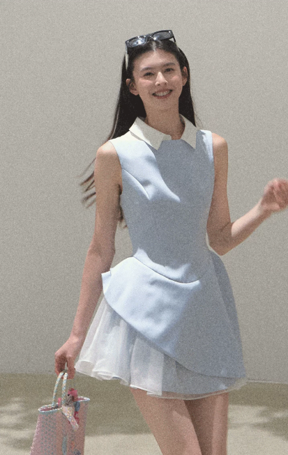 Light Blue Sleeveless Collared Mini Dress Women Tulle Layered Flare Dress R9359