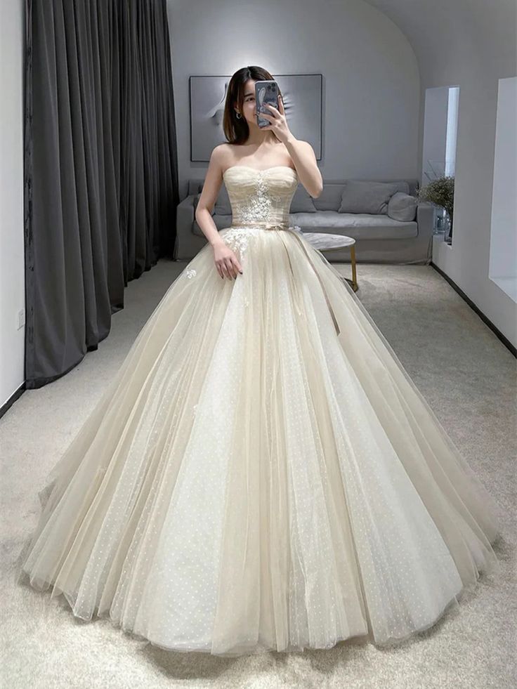 Strapless Champagne Floor Length Lace Tulle Prom Dresses, Champagne Lace Wedding Dresses, Champagne Lace Formal Evening Dresses     S5338