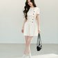 Fitted Polka Dot Flounce Dress with Neck Ribbon and Button Accents R9218