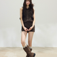 Brown Striped Sleeveless Shirt Dress, Sweet Style With Lace Trim And Belted Waist R9379