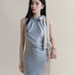 Grey Polka Dot Halter Neck Mini Dress Women With Bow Tie And Ruched Waist R9435