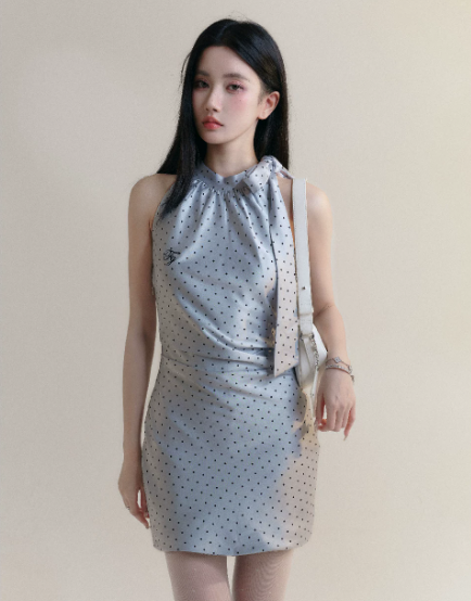 Grey Polka Dot Halter Neck Mini Dress Women With Bow Tie And Ruched Waist R9435