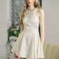 Cream White Halter Mini Dress with Jacquard Fabric, Bow Detail, Open Back and Flared Skirt R9261