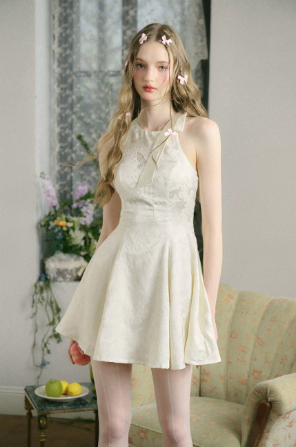 Cream White Halter Mini Dress with Jacquard Fabric, Bow Detail, Open Back and Flared Skirt R9261