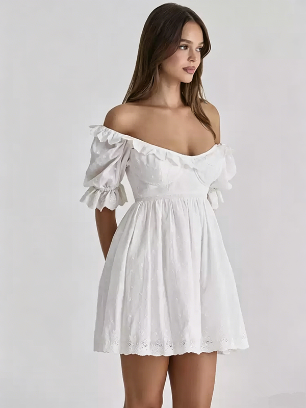 White Puff Sleeve Ruffled Babydoll Mini Dress R9138