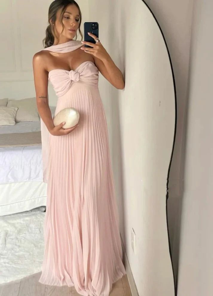 Pink Strapless A-Line Pleated Elegant Long Prom Dress Wedding Guest Dress Evening Party Dress     S7069