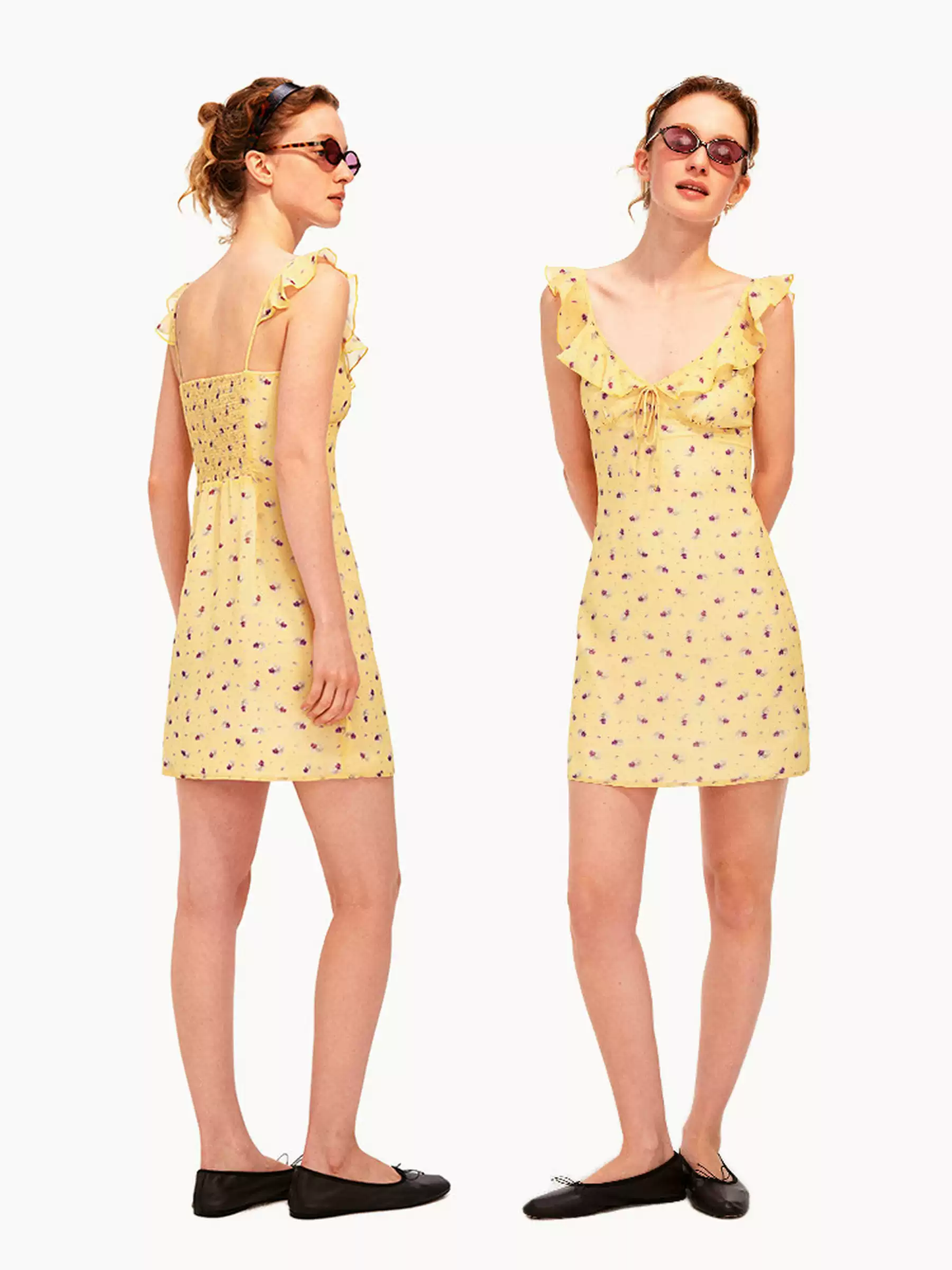 Yellow Floral Ruffle Cami Mini Dress With Bow Detail And Bodycon Fit R9290