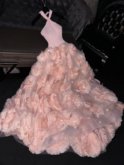 Light pink halter-neck fitted waist full-length ball gown, bridal dress R8793