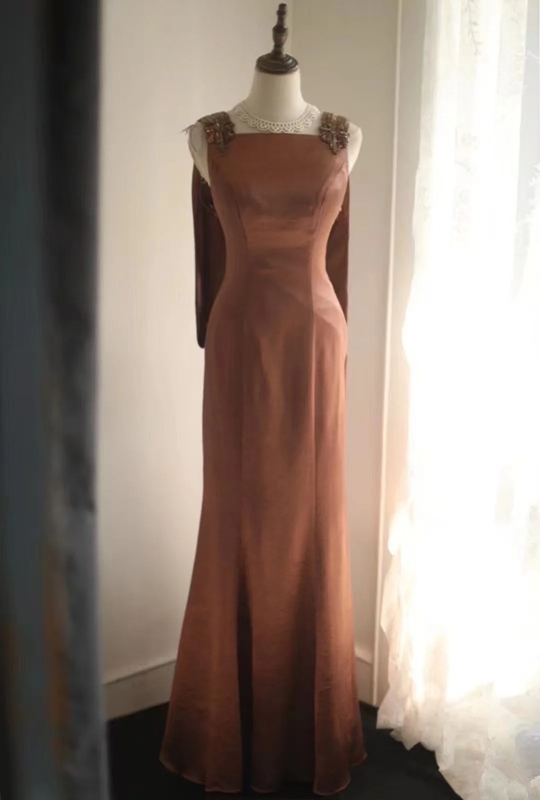 Brown satin backless sexy and elegant long ball gown R6727