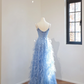 Blue halter-neck fitted waist long ball gown with feather skirt R8452