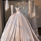 White elegant satin strap one shoulder puffy skirt bridal dress R5694
