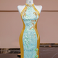 Light blue and yellow spliced cheongsam sexy long ball gown R8335
