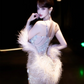 White Spaghetti Strap Rhinestone-Embellished Waist-Cinched Fitted Sexy Prom Dress R7086