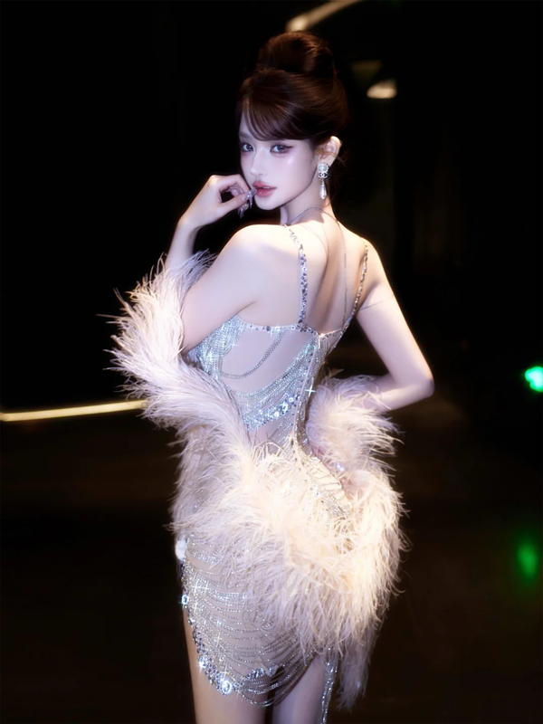 White Spaghetti Strap Rhinestone-Embellished Waist-Cinched Fitted Sexy Prom Dress R7086