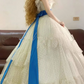 White Polka-Dot Ruffled Neckline Waist-Cinched Puffball Skirt Ball Gown, Bridal Gown R7338