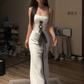 White halter-neck fitted lace skirt ball gown R8076