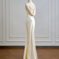 Champagne-colored satin fitted backless bodycon long ball gown R8161